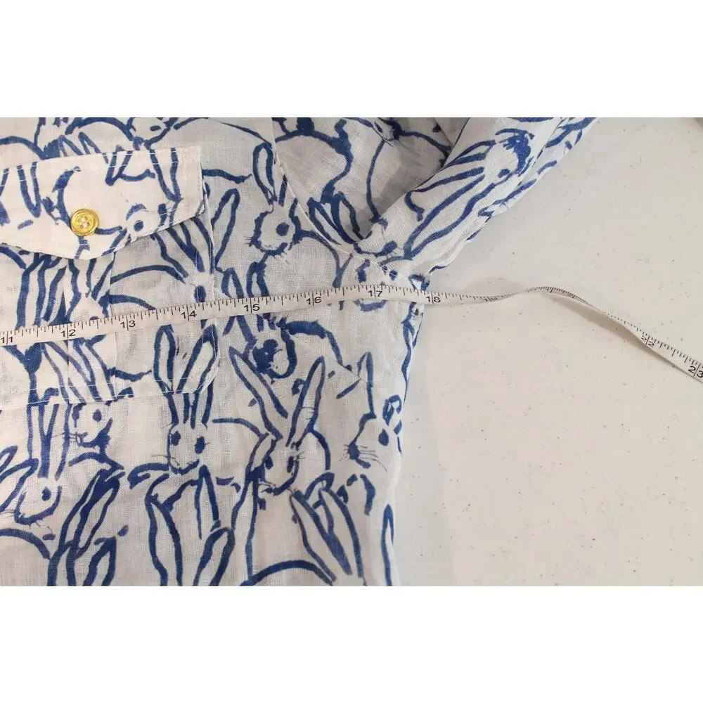 Jean-Pierre Klifa Top Womens White Blue Bunny Print Linen Blend Button Up Casual - Picture 8 of 9